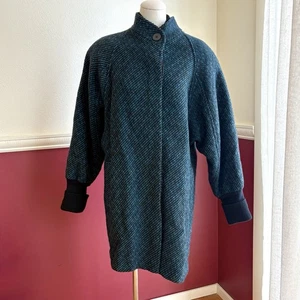 Vintage Michelle Stuart 100% Wool Tweed Coat Women’s 10 Oversize Teal Black - Picture 1 of 18