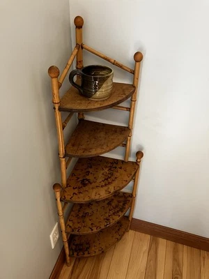 Antique  Burnt Wood And   Bamboo Ball Corner Shelf - Image 1 of 4
