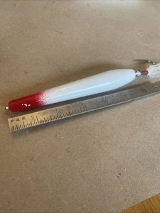 Vintage Holz Bleistift Popper gestreift Bass weiß rot Kopf 5,5" 1,25 Unze - Bild 1 von 10