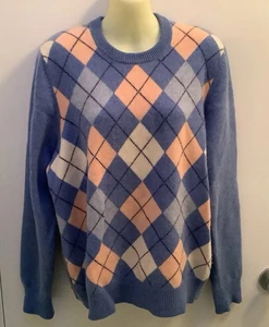 Sweater Womens Blue Pink Argyle Cashmere Pastel Crew Neck Soft Pullover Size M - Picture 1 of 7
