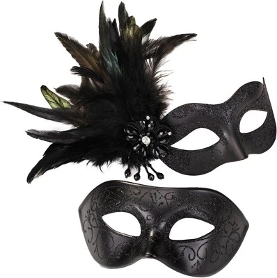 MYSEUNI Schwarze Masken Set für Paare - Maskenballmaske für Damen mit Federn - Bild 1 von 4