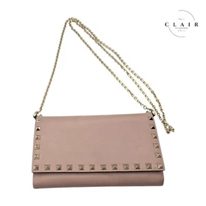 Valentino Shoulder Bag Crossbody Chain Wallet Leather Long Rockstud Genuine Pink - Picture 1 of 14
