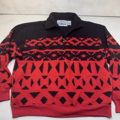 Vintage 90s Trader Bay Western Aztec Design Red/Black Sweater Med Ranch 1/3 Zip - Image 1 of 4