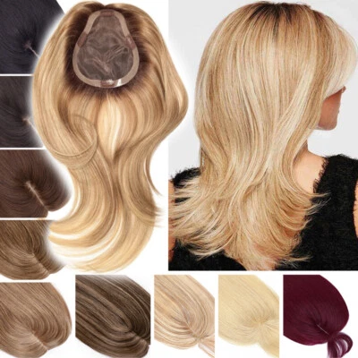 REAL REMY Human Hair Toupee Clip In Topper Hairpiece Silk/Mono Top Natural Based - image 1 of 4