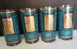Vintage MCM TURQUOISE and GOLD Tumblers Set Of 4 Flamingo Dancers 5.5" Tall - Picture 1 of 12