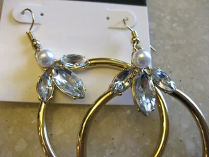NINE WEST Gold Tone Pierced Dangle Earrings w/ Rhinestone & Faux Accents NOC - Picture 1 of 4