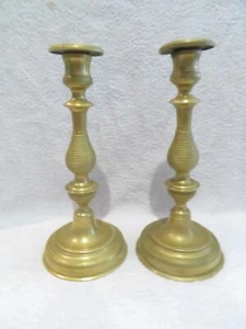 French early 19th c brass pair of candlesticks chiselled decoration - Picture 1 of 10