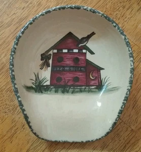 Sponged green rimmed extra large spoon rest with country/oriental house - Picture 1 of 5