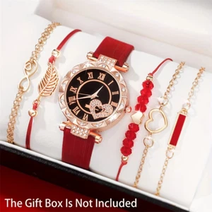 6Pcs Set Women’s Quartz Watch Roman Numeral Heart Dial Leather Band Buckle - Picture 1 of 13
