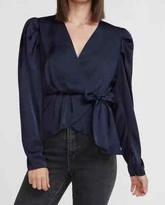 Express NWT Navy Blue Wrap Satin Blouse Long Sleeves M Tie Waist Dark Romantic - Picture 1 of 11