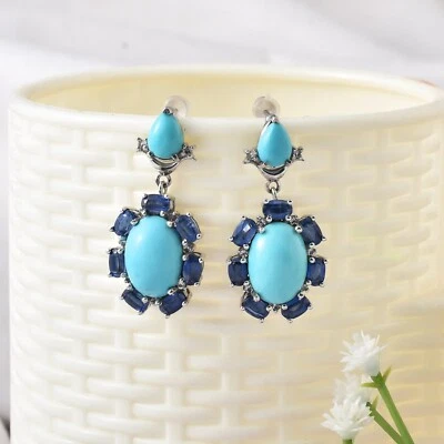 NATURAL TURQUOISE &BLUE KYANITE RHODIUM PLATT ED 925 SILVER EARRING JEWELRY GIFT - Image 1 of 4