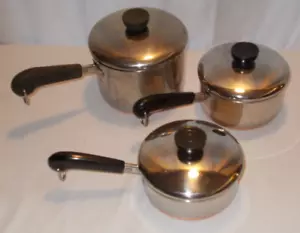 Vintage Set of 3 Revere Ware 1801 Copper Bottom Pots Lids 3/4 Qt 1 Qt 2 Qt NICE - Picture 1 of 10