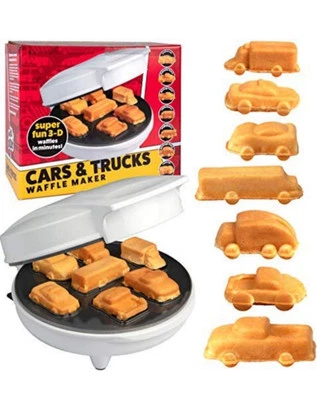 WAFFLE MAKER Gofrera 3D Antiadherente Niños Fácil Limpieza Recetas Mini Coches Camiones Blanco
