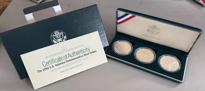 1994 US Veterans 3 Coin Three Silver Dollar Commemorative  Proof Set OGP Box COA - Image 1 of 3
