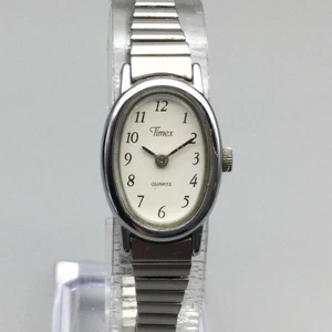 Vintage Timex Uhr Damen 18mm oval weißes Ziffernblatt silberfarben neue Batterie - Bild 1 von 12
