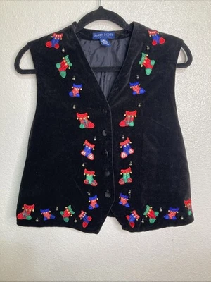 Chaleco de terciopelo navideño vintage Karen Scott para mujer medias negras campana pequeña L Foto 1 de 3