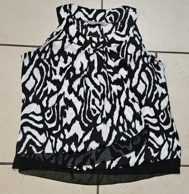 Top sedoso sin mangas con estampado animal blanco y negro Signature By Larry Levine talla L Foto 1 de 4