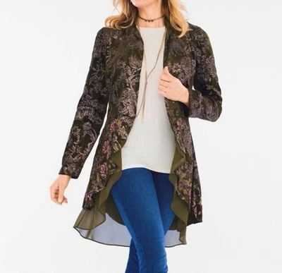 Куртка бархатная Chico's с цветочной вышивкой янтарная оливковая богемная Lagenlook размер 0 (S) - Изображение 1 из 4