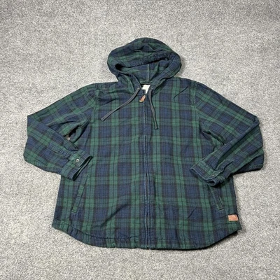 Reloj LL Bean Jacket Mujer XL Verde Tartán Cuadros Capucha Franela Relajado Negro Foto 1 de 4