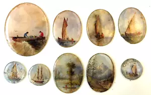 9 MINIATURES PEINTURE MARINE SUR VERRE SAUF UNE PAYSAGE SOUS LA NEIGE - Foto 1 di 10