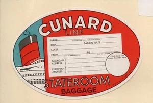 Etiqueta de equipaje vintage de línea de cruceros CUNARD LINE camarote equipaje SIN USAR - Imagen 1 de 1