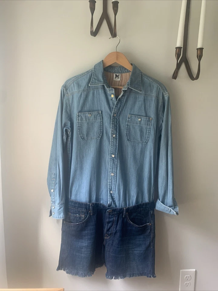 M MISSONI Blue DENIM 27 One Piece Avant Garde Romper SHORTS jumper two tone $590 - Image 1 of 4