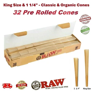 RAW Classic/Organic King Size & 1 1/4 Cones Pack 32 Pre Rolled Rolling Papers - Picture 1 of 4