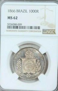 1866 BRAZIL SILVER 1000 REIS PEDRO II CROWNED ARMS NGC MS 62 BEAUTIFULLY TONED - Picture 1 of 5