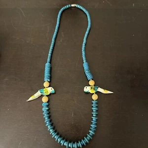 Vintage Turquoise Wooden Necklace With Two White Parrots Boho Jewelry 22” - Picture 1 of 6