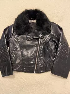 H&M Girls Faux Leather / Fur Collar Bomber Jacket Coat Zips Pockets Size 2-3Y - Picture 1 of 12