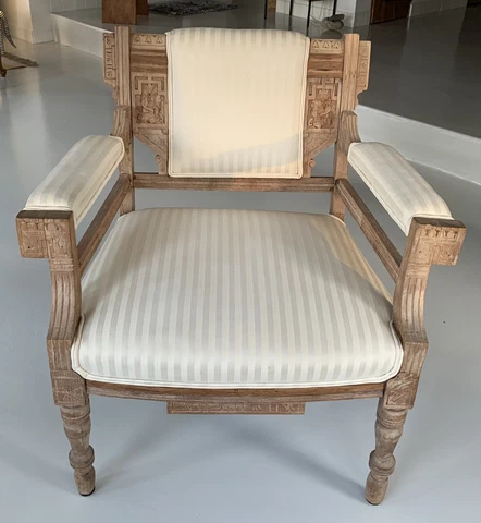 American Aesthetic Movement Antique Wood Carved Arm Chair White Upholstery Cover