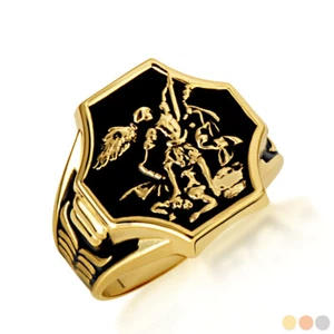 Gold Black Onyx Enamel Saint Michael Cross Shield Signet Ring(Yellow/Rose/White) - Picture 1 of 6