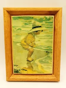 Piastrella artistica incorniciata vintage Ocean anni 70 ragazza Kimberly Enterprises spiaggia spiaggia riva conchiglia - Foto 1 di 5