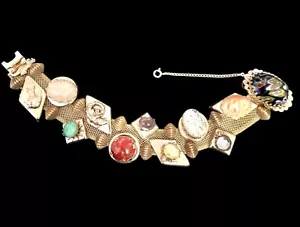 1940er Mesh 2-reihig Slide Armband Steine Charms Sicherheitskette 8" Vintage vergoldet - Bild 1 von 23