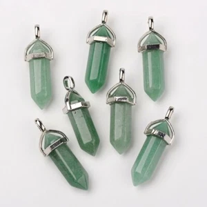 GREEN AVENTURINE Gemstone Pendant Pointed Hexagonal With Silver Bail 5pcs - Picture 1 of 4