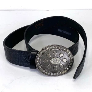 HOLT RENFREW Black Italian Leather Belt Sz M Pewter Buckle Rhinestone Boho Glam - Picture 1 of 9