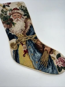 Calza natalizia vintage Needlepoint 19,5” Babbo Natale e il suo elfo lana e velluto - Foto 1 di 5