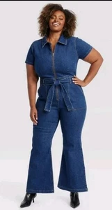 Women's Short Sleeve Denim Jumpsuit - Ava & Viv 416-6 - Picture 1 of 5