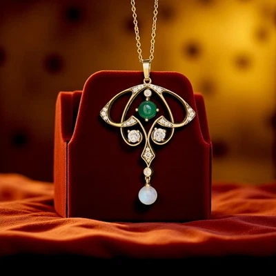 Collier Pendentif Doré Vieilli Agate Vert Perle Pierre de Lune Véritable SB22 - Photo 1/4