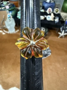 925, Sterling Silver Amber Flower Shaped Floral Ring Sz 7 Baltic, Polish Amber - Picture 1 of 6