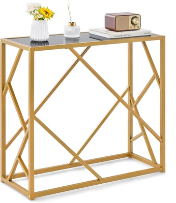 Tavolo Console Oro, Consolle Dorato, Tavolo D’Ingresso, Piano in Vetro Nero, Tel - Immagine 1 di 4