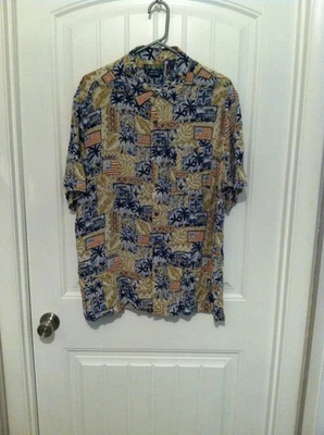 Men's Campia Easy Care Hawaiian Shirt XL Tan, Navy Blue White Flags, Cars Trees - Image 1 of 4