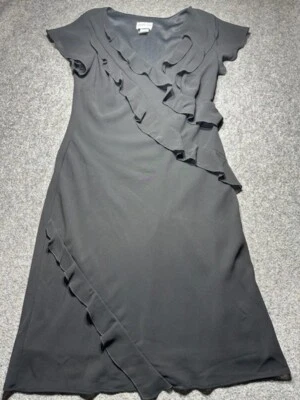 Vestido negro con volantes envolventes sintéticos cuello en V Amanda Lane para mujer talla 10 Foto 1 de 4