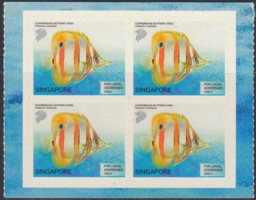 SINGAPORE 2001 TROPICAL MARINE FISH 20c COPPER-BANDED BUTTERFLYFIS SHEET (4) MNH - Image 1 of 1