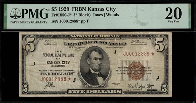 1929 $5 Federal Reserve Bank Note Kansas City - Star Note - FR.1850-J* - PMG 20 - Image 1 of 2