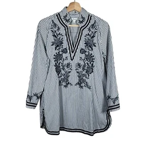 Chico's Gr. 4 Popover Tunika Bluse Shirt Popeline gestreift Küste Strand Maritim - Bild 1 von 9
