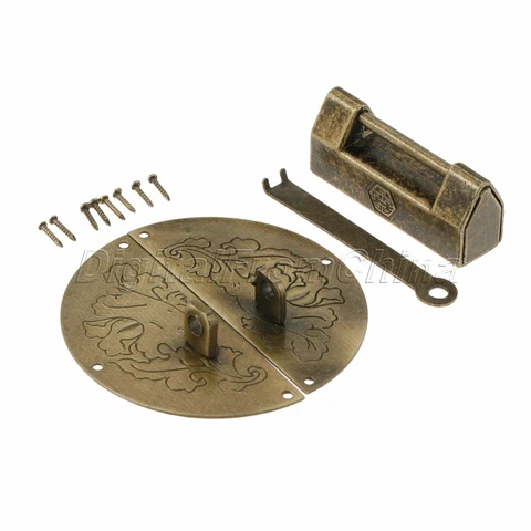 Chinese Carved Flower Vintage Jewelry Box Latch Hasp With Padlock Set Hardware Cover