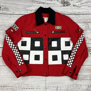 VTG Cache Red Black White Checkered Leather Biker Jacket Sz XS Cardi B Racing - Picture 1 of 10