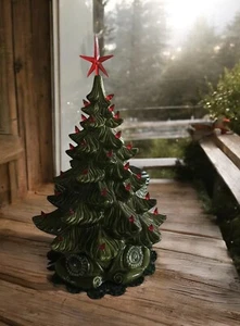 Vintage 70er grün Keramik beleuchtet 16" Weihnachtsbaum Schnörkel Sockel & rote Lichter - Bild 1 von 19