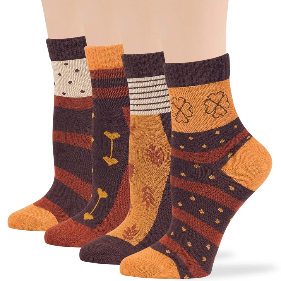 Women Bamboo Diabetic Pattern Quarter Socks Medium 4 Pack Dot Stripe Brown Camel - Image 1 of 4